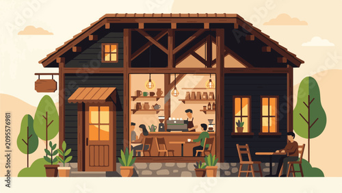 People gather at a cozy cabin restaurant surrounded by trees and plants.