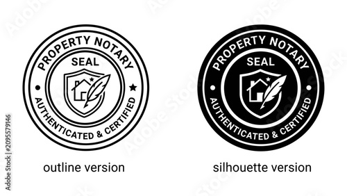 Foto Notary Seal Stamp: Two versions, outline and silhouette, of a notary public seal, featuring a house emblem and quill, signifying authentication and certification for property-related documents