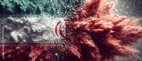 Dynamic blast against a flag's quiet strength. Poster design. Spectacular explosion unfolds before the iranian national flag. Cinematic poster. Cinema artwork.