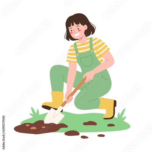 Happy Young Woman Gardening with Shovel, Planting in Soil - Flat Vector Illustration of Outdoor Hobby