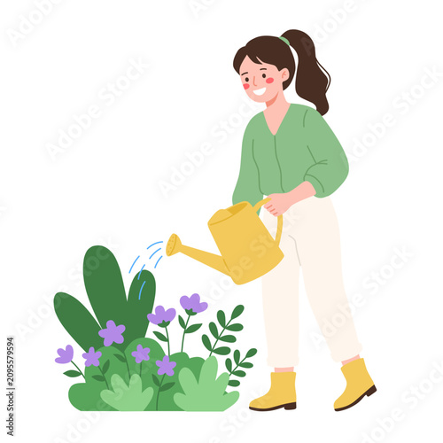 Happy Woman Gardening: Watering Plants and Flowers with a Can. Spring Plant Care Illustration.