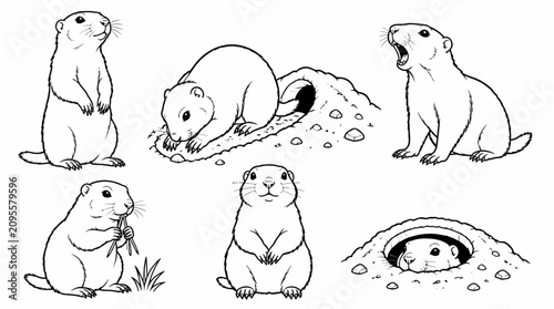 Set of cute prairie dogs in various poses, black and white line art