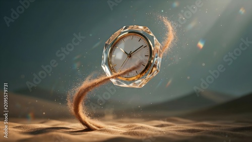Crystal clock with swirling golden desert sand vortex – Great for travel agencies, surreal art prints, or global heritage themes.