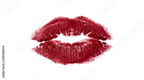 Beautiful red lipstick kiss mark isolated on white background