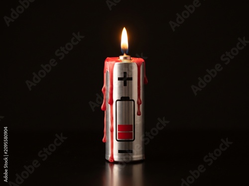 Burning battery candle with melting wax concept of energy depletion