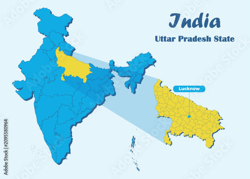 Uttar Pradesh state highlighted in yellow in Indian map with editable vector illustration. Political map showing the location of Uttar Pradesh with Lucknow marked, suitable for education and travel.