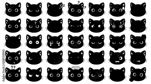 Fotografie Cute Kawaii Black Cat Face Icon Vector Set with Yellow Eyes Cartoon Kitten Chara