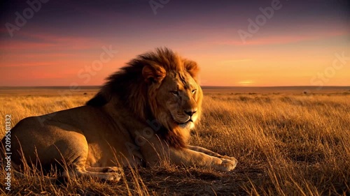 Majestic lion resting in savannah at sunset