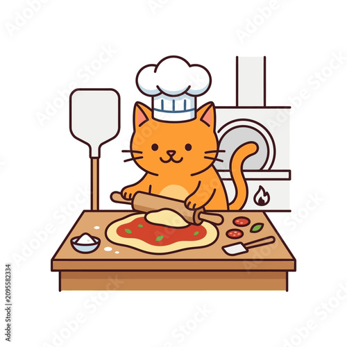 A cute orange cat wearing a chef hat prepares a fresh pizza on a wooden table