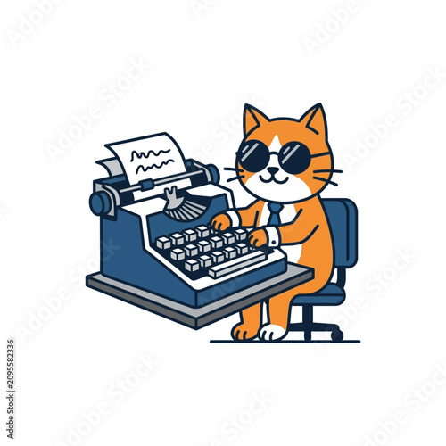 A cute cartoon cat wearing sunglasses types on a vintage typewriter at a desk