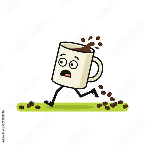 A cartoon coffee mug character running away while spilling hot liquid and roasted beans