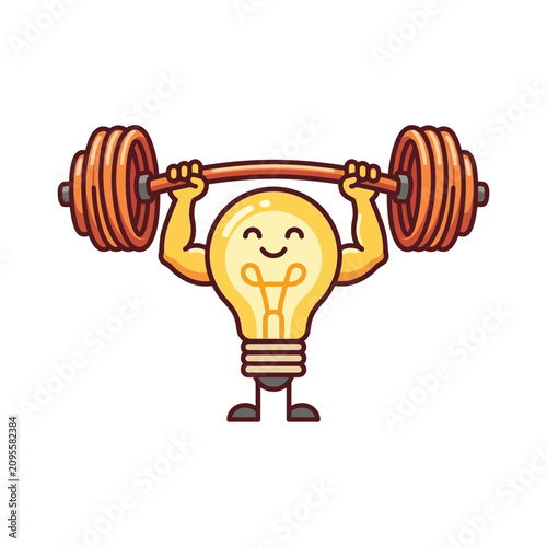 A cartoon light bulb character lifting a heavy barbell with a happy expression