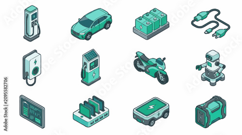 Isometric icons of electric vehicles and technology devices.