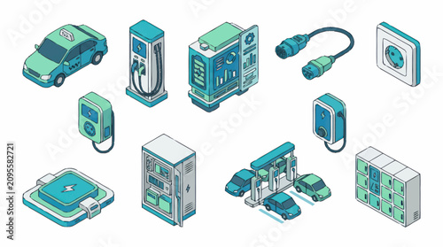 Isometric illustration of electric vehicle charging stations and technology.