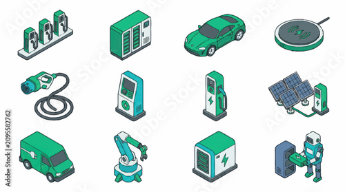Green Isometric Technology and Industry Icons Collection.