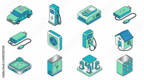 Isometric Green Technology and Electric Vehicle Icons Set.