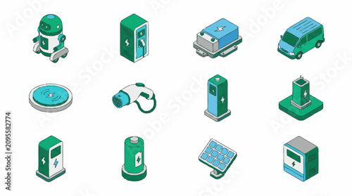 Isometric Green Technology and Industry Icons Set.
