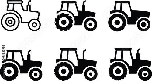 Fotografía Set of six black tractor in different styles, agricultural machinery symbols for