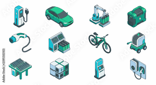 Isometric Green Technology and Electric Vehicle Icons Set.