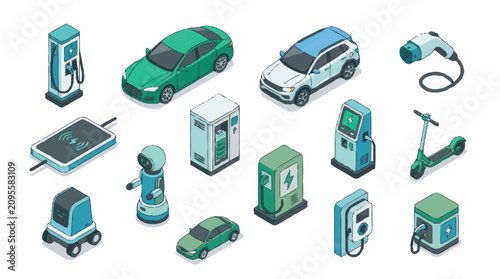 Collection of Electric Vehicle and Charging Station Icons.