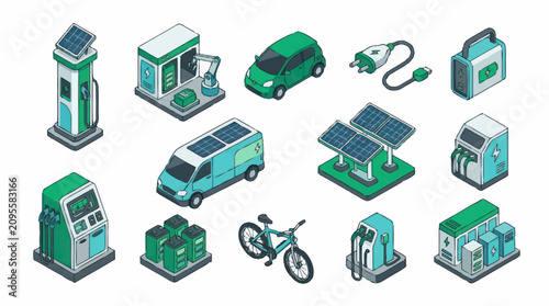 Green energy charging stations and electric vehicles illustration.