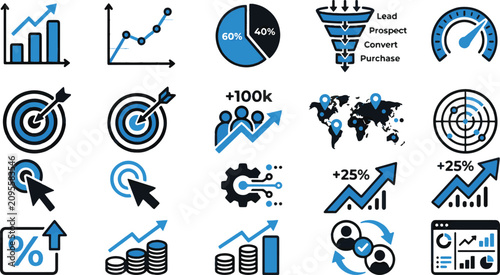 Konstfotografi Set of business analytics marketing and data growth icons with blue and black de