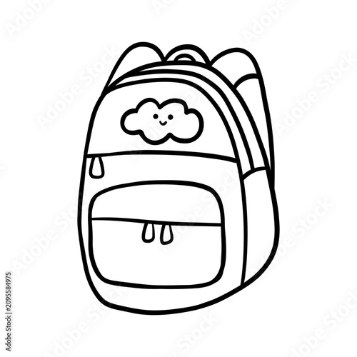 Vector hand drawn outline sketch monochrome doodle backpack with cloud decoration. School bag icon for education, learning, classroom and back to school.