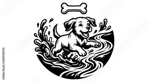 Obraz na płótnie Happy Puppy Running Through Water Splashes with Bone Icon