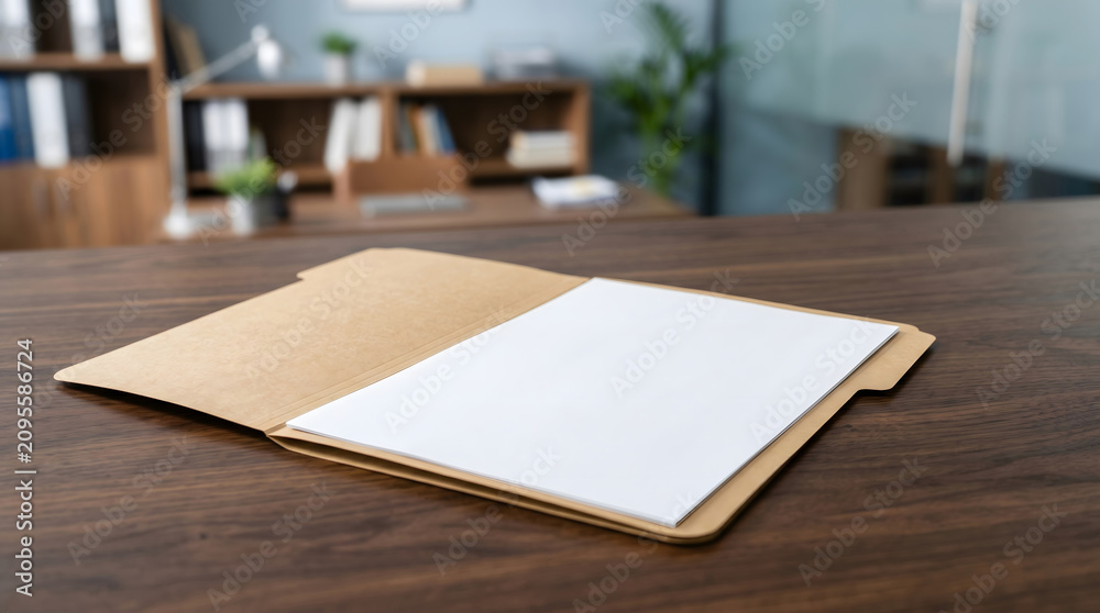 Fototapeta premium Office, Folder, Manila Folder With Blank White Paper Resting On Dark Wooden Desk. a tan stationery folder holding a crisp white sheet of paper