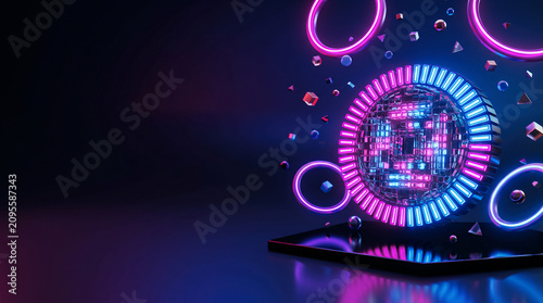Futuristic Neon Cryptocurrency Coin with Glowing Blue and Pink Lights
