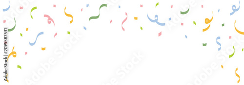 Colorful confetti and serpentine ribbons falling isolated on transparent background, pastel paper tinsel border decoration for birthday party, wedding, and kids celebration backdrop, EPS10