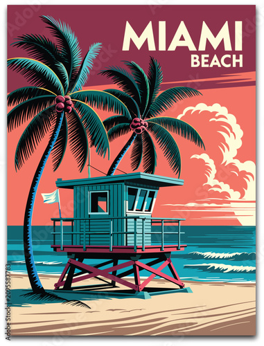 Obraz na plátně Miami Florida vintage travel poster illustration, tropical beach scenery with swaying palm trees, colorful sunset, skyline views, and retro tourism artwork