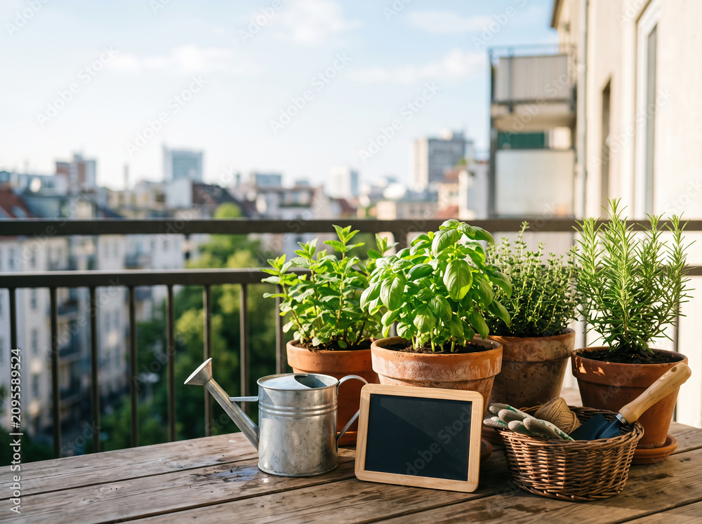 Fototapeta premium Fresh Potted Herbs and Gardening Tools on a Sunny Balcony
