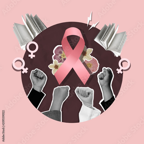 Paper cut collage illustration of raised fists and pink ribbon for breast cancer solidarity.