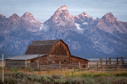 Historic Wooden Barn in Front of the Grand Teton Mountain Range