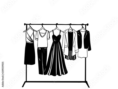 Minimal black and white vector illustration of women's clothing and fashion outfits hanging on a garment rack.