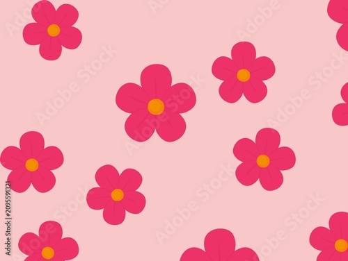 Pink background features a pattern of stylized flowers. Each flower consists of five rounded petals in shades of pink, with a central orange circular core. The flowers are evenly distributed across th