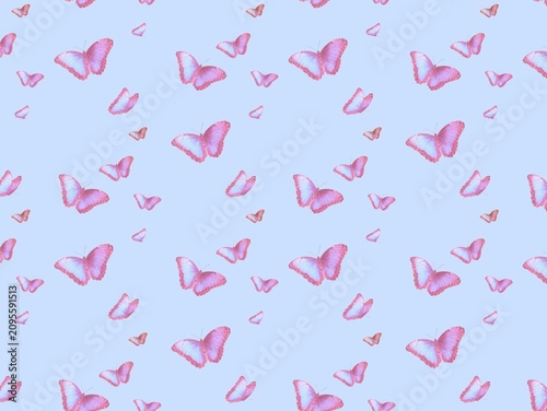 Pattern featuring pink butterflies scattered across a light blue background. The butterflies are illustrated with varying sizes and shades of pink, showcasing their wings in different positions, givin
