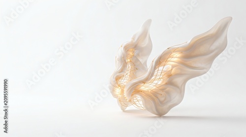 Translucent abstract sculpture with internal golden light on a white background.