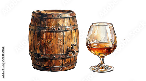 Vintage wooden whiskey barrel with metal hoops and tap, elegant glass of amber cognac, watercolor illustration of aged oak cask and brandy isolated on Transparent Background