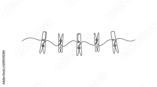 Minimalist continuous line drawing of clothespins on a wire, simple black outline of laundry pegs, modern one line art for household chores isolated on Transparent Background