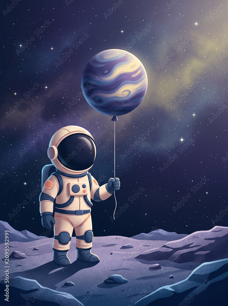 Naklejka premium Cute cartoon astronaut holding a planet balloon on the moon in space