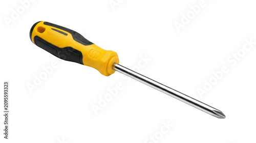 Phillips head screwdriver with yellow and black ergonomic handle, professional crosshead manual hand tool for home repair and construction isolated on Transparent Background