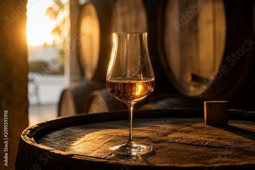 Sherry wine in glass on old oak barrel. Spanish winery ambient with traditional wooden casks. Golden liquid alcohol in cellar. Beverage production, viticulture and enology concept.