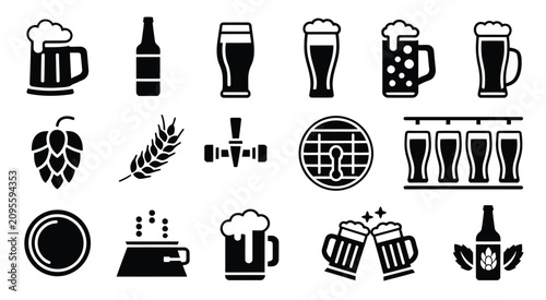 Foto Beer icon set, glyph silhouette symbols for brewing, beer mugs, bottles, cans, hops, wheat, tap handles, barrels, clinking glasses, and editable flat vector pictograms
