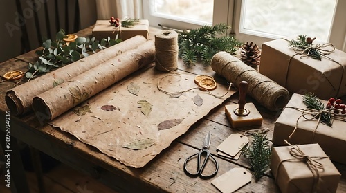 Holiday gift wrapping preparation with natural elements and rustic details
