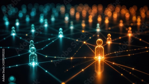 3D illustration of glowing glass figures connected by digital network lines for professional networking and corporate recruitment presentations