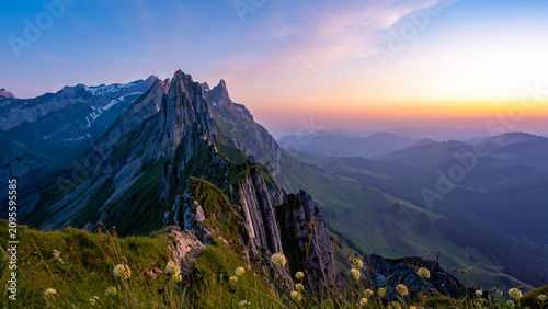 Sunset in the mountains, Schaefler Altenalptuerme mountain ridge, Swiss Appenzell Innerrhoden, Switzerland, a steep ridge of the majestic Schaefler peak in the Alpstein mountain