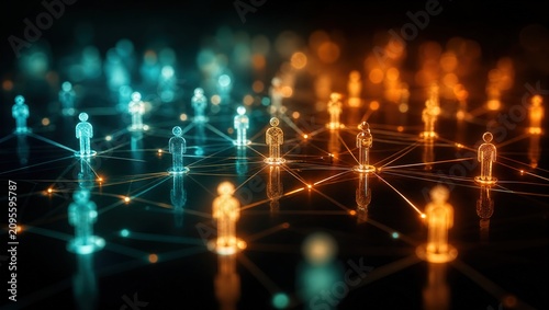 3D Digital Network of Glowing Human Icons Connected by Light Lines for Social Connectivity Global Communication and Recruitment Data Visualization