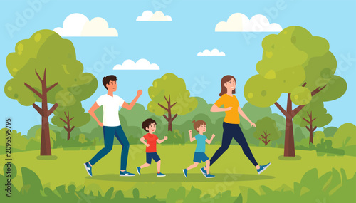 Tableau sur toile A happy family of four, including parents and two young children, enjoying a leisurely walk or jog together in a vibrant green park on a sunny day